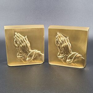 Vintage Mid Century Praying Hands Bookends Bronze Brass Color Weighted